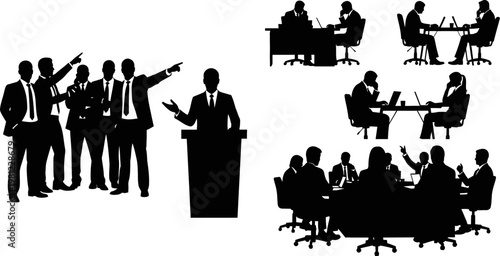 silhouette of business people working and presenting in office setting with colleagues  various meeting and discussion scenarios