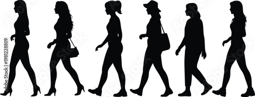 Diverse Women Walking Silhouettes Showing Different Styles and Accessories Vector