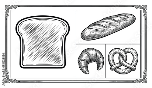 Vintage Bakery Collection: Toast, Baguette, Croissant, and Pretzel