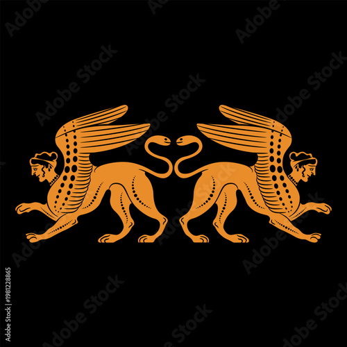 Symmetrical ethnic ornament or frame with two antique female Sphinxes. Ancient Greek mythology. Fantastic winged lions with women's heads. Vase painting style. Orange silhouette on black background.