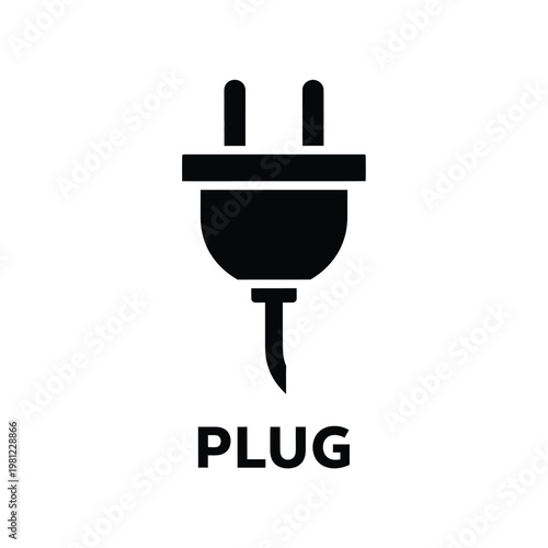 A simple black icon depicts a standard two prong electrical plug with the word plug underneath high quality professional detailed