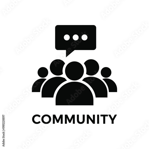 A minimalist graphic depicts a group of people with a speech bubble symbolizing community and communication high quality professional