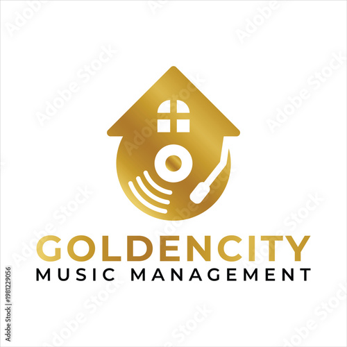 Goldencity music management logo with gold house and record