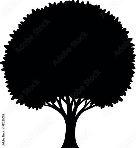 A simple black silhouette of a full rounded tree with a trunk