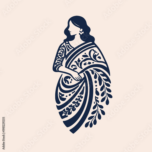 Stylized woman wearing traditional indian sari with intricate patterns traditional dress south asia dark blue traditional illustration silhouette graceful cultural heritage artistic