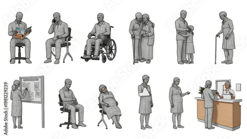 People Waiting in Hospital Reception Set of Elements Architectural CAD Technical Line Drawing, Healthcare Activity Illustration, Isolated White Background