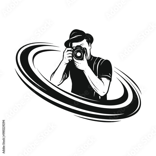 Illustrative depiction of a man wearing a fedora hat actively taking a photograph with a camera surrounded by a dynamic circular swirl design evokes creativity and artistic capture snapshot