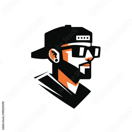Stylish man's head profile with a backward baseball cap and square sunglasses urban street style illustration ideal for contemporary media white background facial hair ear piercing side profile