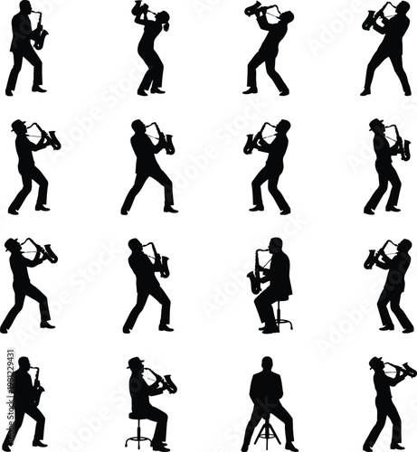 Collection of Professional Saxophone Player Silhouettes in Various Performance Poses