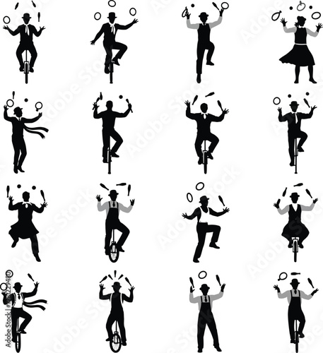 Multitalented Circus Performer Silhouettes Juggling on Unicycles and Staging Acts