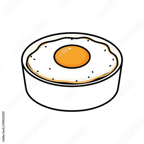 A simple cartoon illustration of a perfectly cooked fried egg served in a white bowl.
