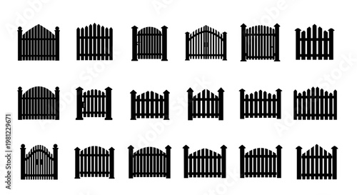 Collection of black silhouette fence and gate designs for property security and boundary definition, offering various styles for outdoor access control and privacy.
