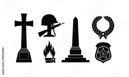 Memorial day vector silhouette illustration including cross obelisk wreath and army helmet