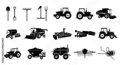 Collection of agricultural machinery and tools silhouettes for farming and cultivation on a white background