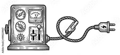 Vintage Electrical Device with Gauges, Plug, and Cord