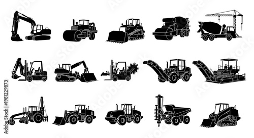 Collection of heavy construction machinery silhouettes including excavators bulldozers concrete mixers and road pavers for industrial and building projects