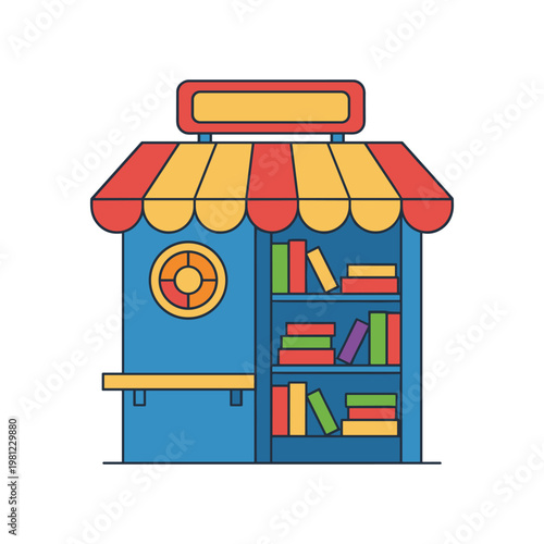 A charming outdoor book stand or kiosk featuring a colorful awning and shelves filled with books.