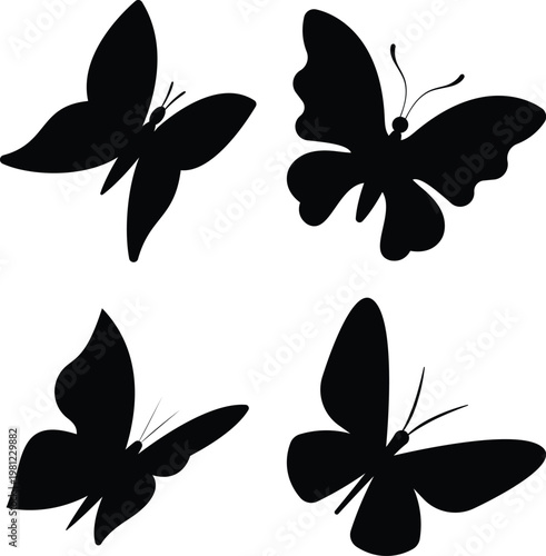 Four black silhouette butterflies on a white background