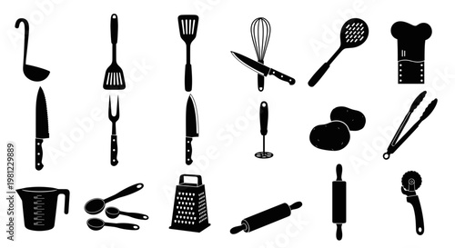Collection of kitchen utensils and cooking tools in a clean silhouette style representing culinary preparation and food making