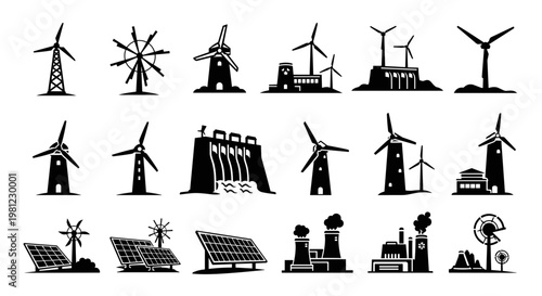Collection of renewable energy sources icons including wind turbines solar panels and hydroelectric dams representing sustainable power generation and green technology