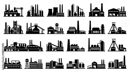 Collection of diverse industrial factory buildings and power plants silhouettes representing manufacturing and production infrastructure