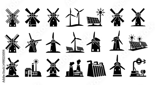 Collection of renewable energy source icons including windmills wind turbines solar panels and industrial power plants representing clean energy and sustainability