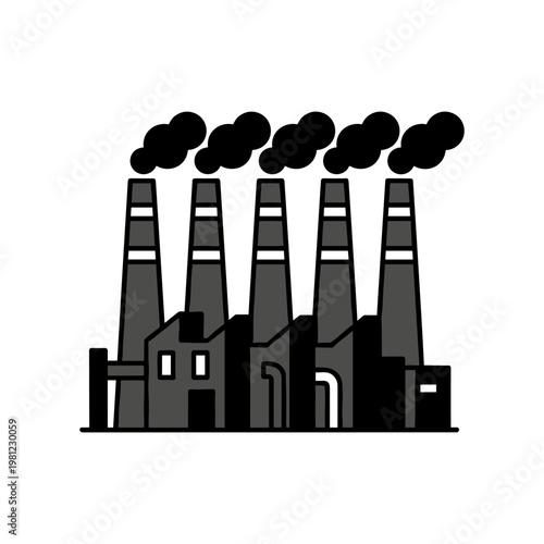 A monochrome cartoon illustration of a factory building with five smoking chimneys, indicating industrial activity.