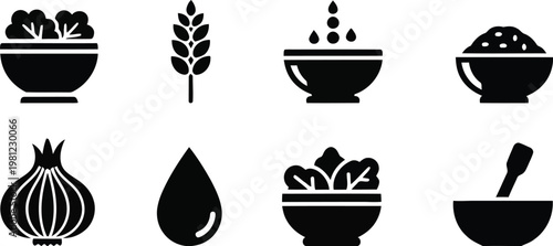 Black glyph icons of various grains seeds and produce