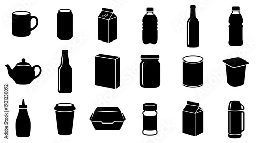 Collection of various black beverage and food containers isolated on white background, representing packaging and storage options