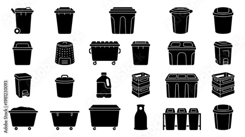 Collection of diverse trash cans and recycling bins illustrating waste management and environmental responsibility in a clean graphic style