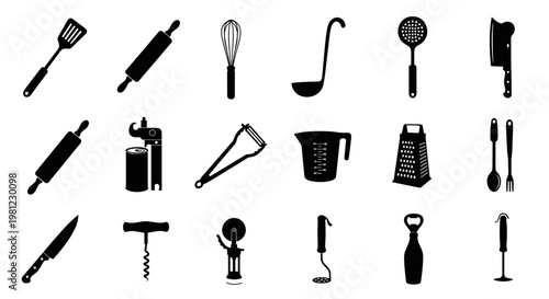 Collection of kitchen utensils and cooking tools silhouette icons for food preparation and culinary activities
