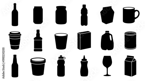 Collection of diverse beverage containers and packaging silhouettes isolated on a white background representing various drinks and food products