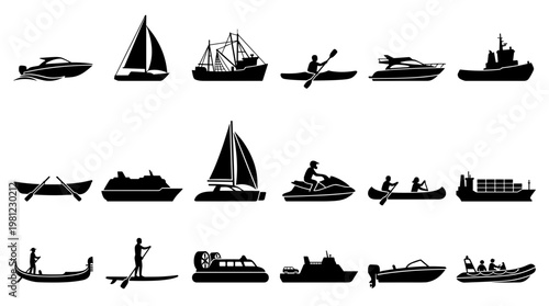 Collection of diverse watercraft silhouettes including speedboats sailboats kayaks and other marine vessels for water sports and transportation themes