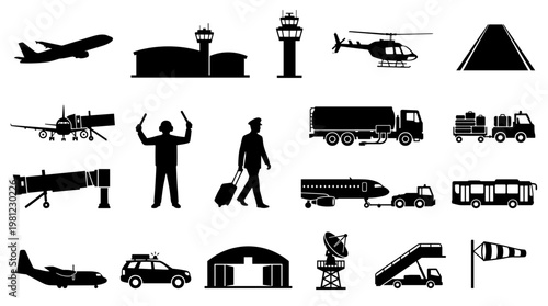 Airport icons set silhouette of airplane control tower helicopter jet bridge luggage cart and vehicles for aviation transport and travel concept