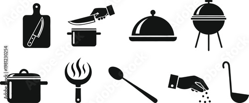 Black silhouette icons of various cooking and grilling utensils