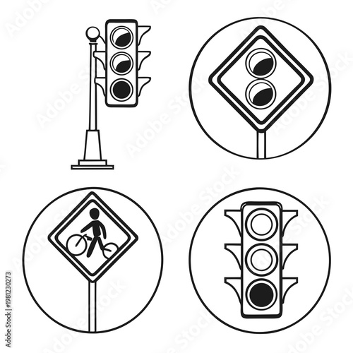 A collection of black and white line art illustrations depicts various traffic signals and road signs within circular frames high quality professional