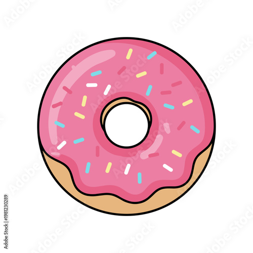 A delicious pink frosted donut with colorful sprinkles is depicted on a white background.