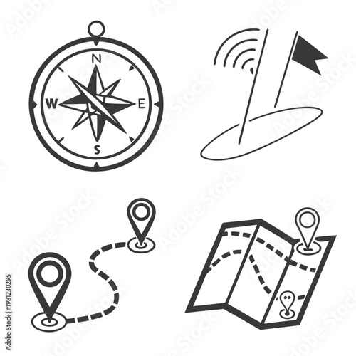 A collection of navigational icons features a compass golf flag location markers and a folded map all in a simple black and