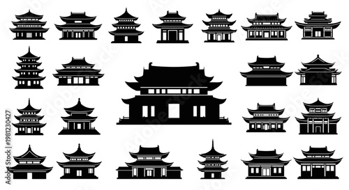 Collection of Traditional East Asian Pagoda and Temple Silhouettes Diverse Architectural Styles Iconic Structures Black and White
