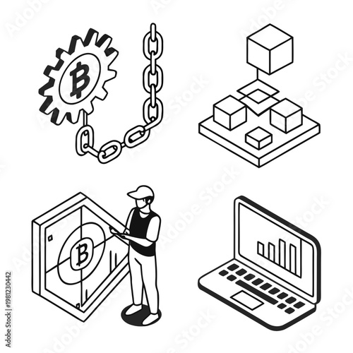 This black and white isometric illustration depicts blockchain technology and digital finance concepts including bitcoin security and data analysis high quality professional