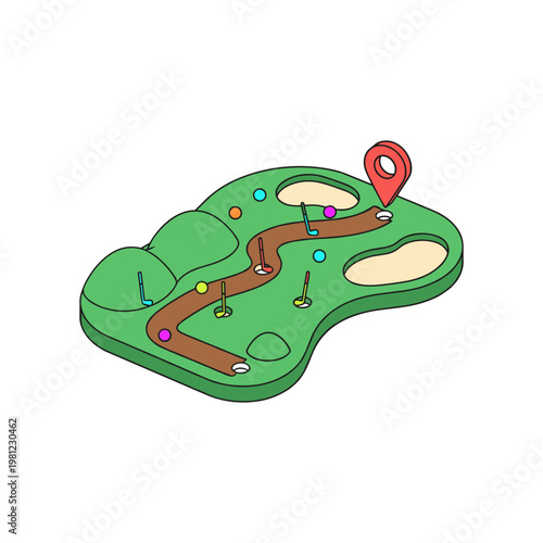An isometric view of a miniature golf course with a path, sand traps, and a flag marker.