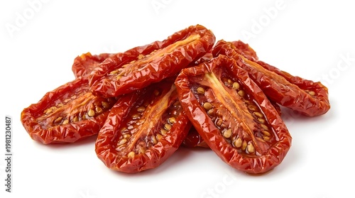 Delicious sun-dried tomatoes isolated on white background. High quality macro shot of red dried tomato slices with olive oil and seeds. Perfect for Mediterranean food recipes and Italian cooking.