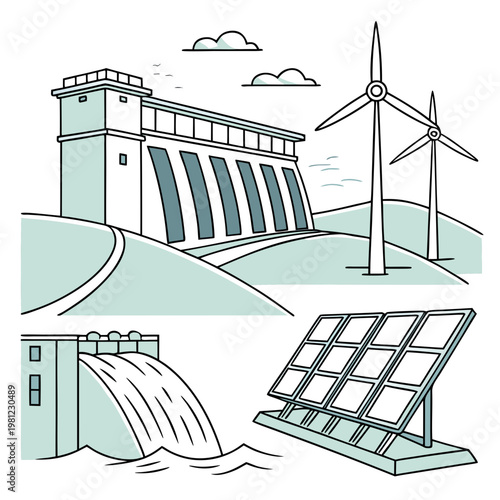 An illustrative depiction showcases a hydroelectric dam wind turbines and solar panels representing various forms of renewable energy sources high quality professional