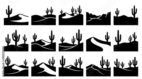 Desert landscape silhouettes featuring saguaro cacti and sand dunes under a clear sky representing arid environments and natural beauty