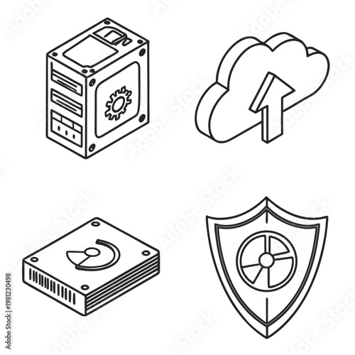 A line art illustration depicts a server cloud with an upload arrow hard drive and a security shield high quality professional detailed