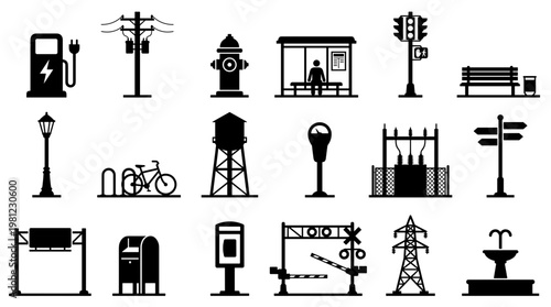 Collection of urban infrastructure icons representing city elements and public services for modern design and city planning concepts