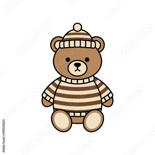 A cute teddy bear wearing a striped sweater and a matching striped hat sits looking forward.
