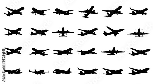 Collection of airplane silhouettes in various flight positions, representing aviation, travel, and transportation concepts
