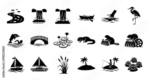 Collection of nature and wildlife icons representing water elements, animals, and outdoor activities like fishing and boating