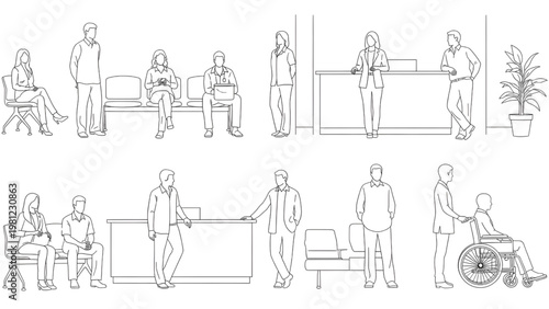 People Waiting in Hospital Reception Outline Silhouette Style Architectural CAD Technical Line Drawing, Healthcare Illustration on White Background